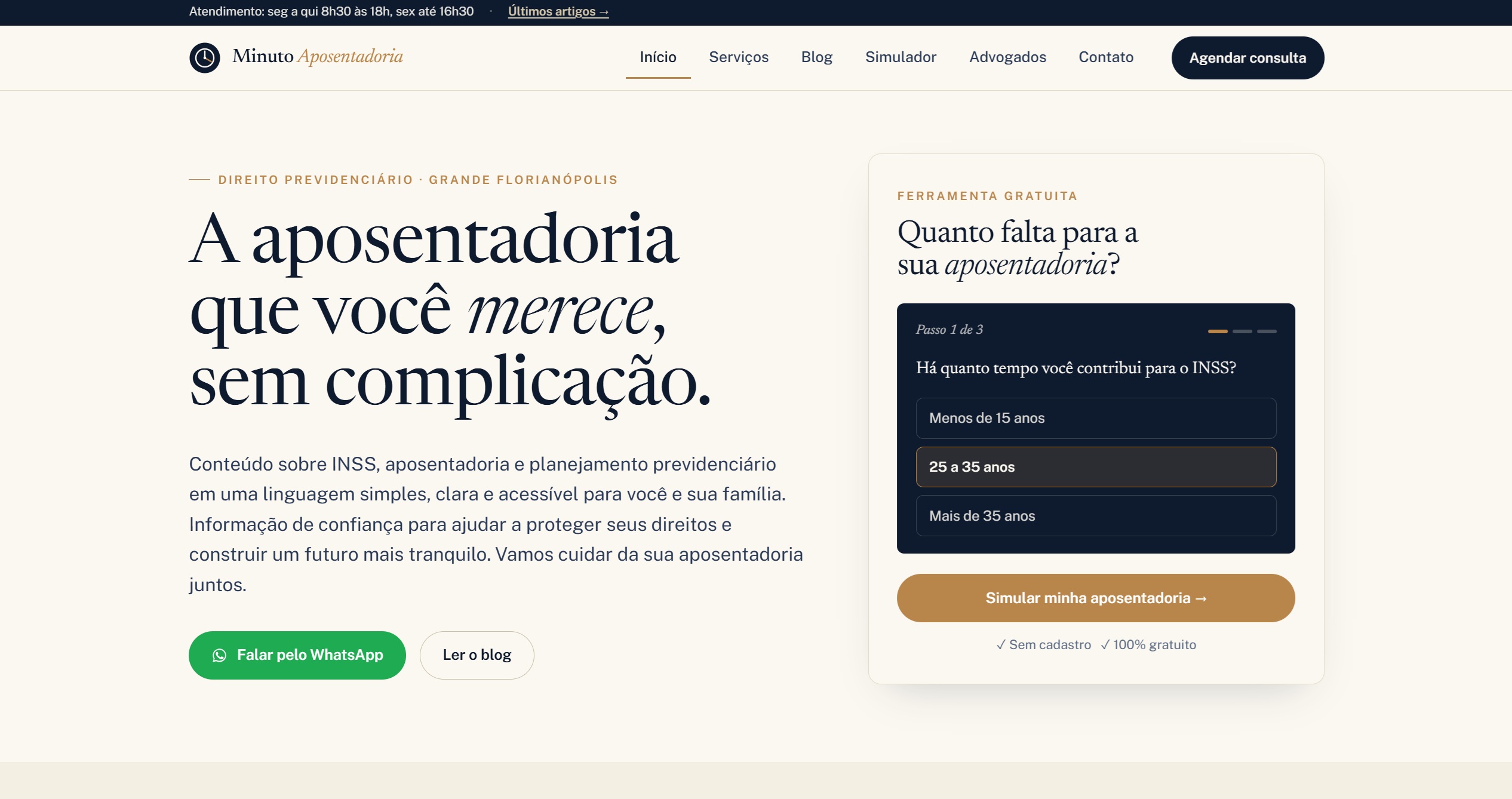 Tela 1 do portal Minuto Aposentadoria