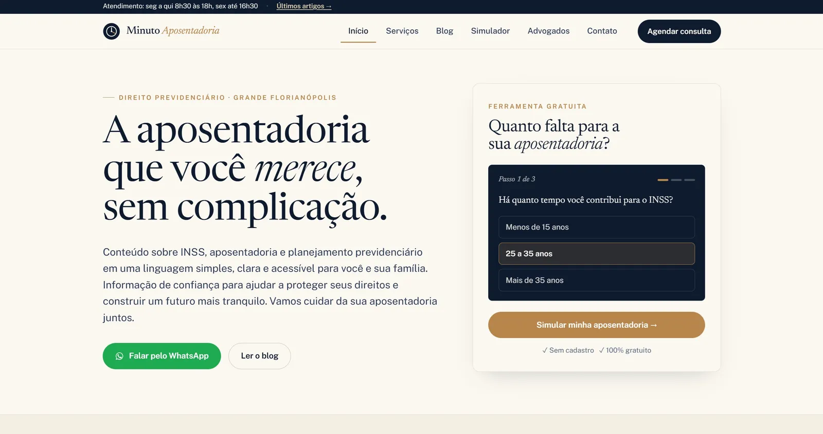 Tela 1 do portal Minuto Aposentadoria